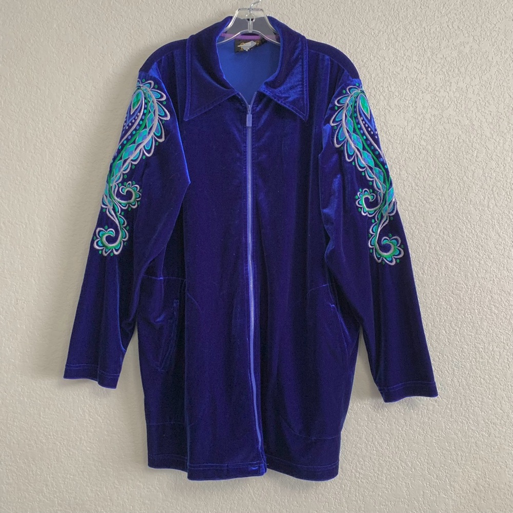 Vtg Bob Mackie Jacket Women 1X Velour Paisley Embroidered Tunic Artsy Royal Blue